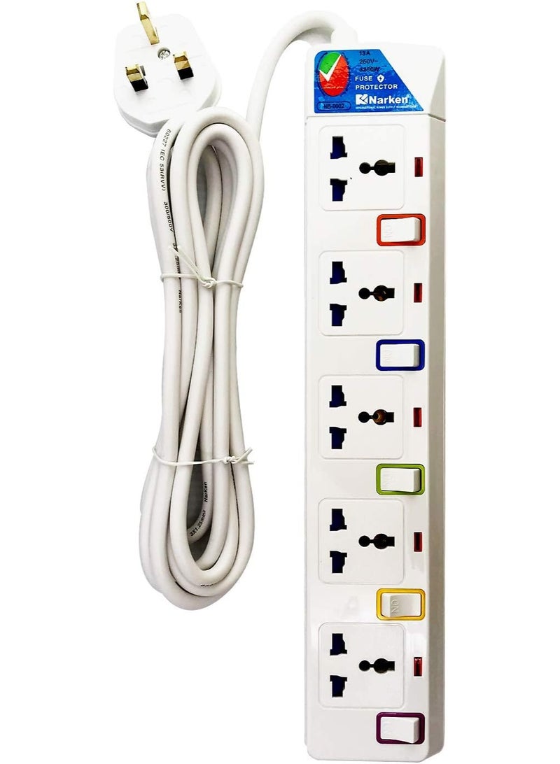Narken E Series Extension Cord 5 Ways 3 Meter Electric Universal Power Strip wire 13A Fuse surge With Separate Single Switch and Indicate light Max 13A 3250W AC 250V White. - Image 4